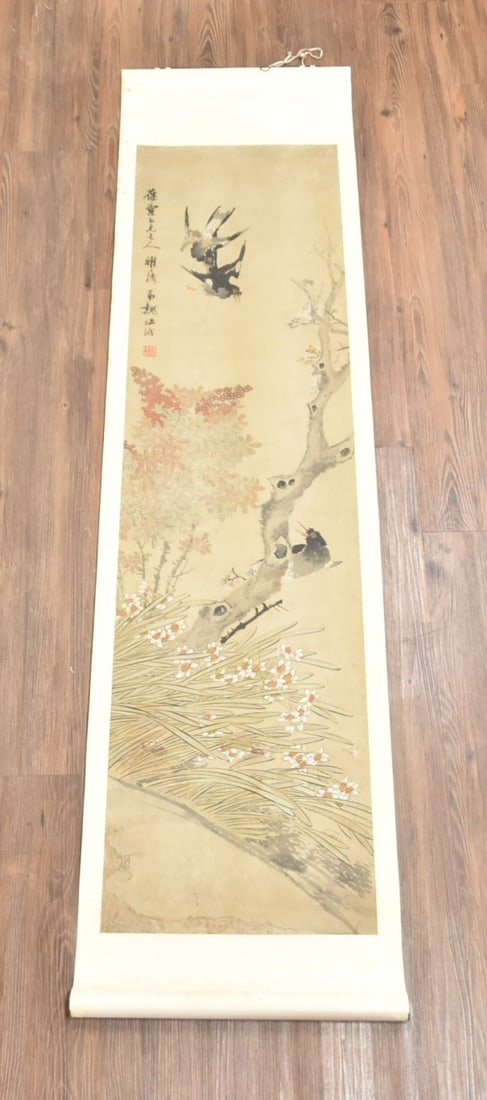 ANTIQUE CHINESE HAND PAINTED SCROLL: ANTIQUE CHINESE HAND PAINTED PAPER SCROLL OF BIRDS & FOLIATE ; HAND SIGNED IN CALLIGRPAHY ; WITH HAND WIRITEN INFO INVERSO -IMAGE SIZE IS 15 1/4" x 57 1/4" ; OVERALL IS 17 3/4" x 69 1/2"