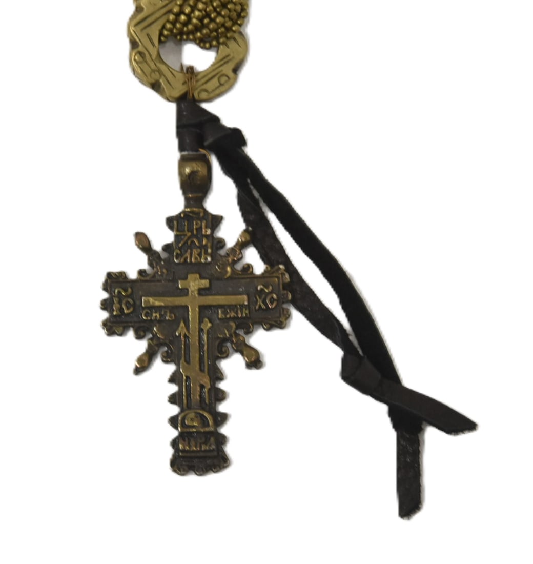 ANTIQUE RUSSIAN ORTHODOX CROSS NECKLACE: ANTIQUE BEADED NECKLACE WITH RUSSIAN ORTHODOX CROSS - BEAD NECKLACE IS 20" ; 2 1/2" CROSS