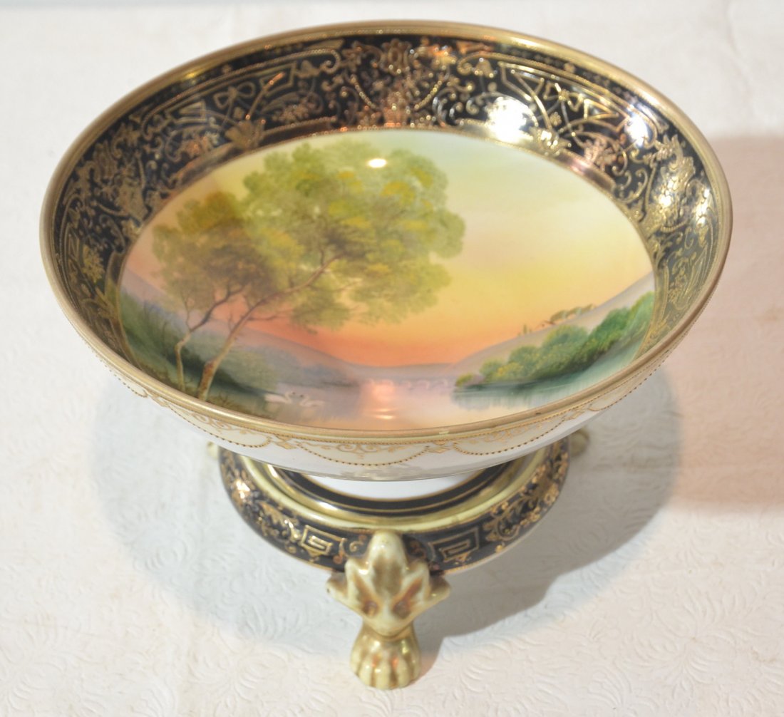 HAND PAINTED SCENIC NIPPON BOWL ON PAW FEET STAND: 10" x 7"