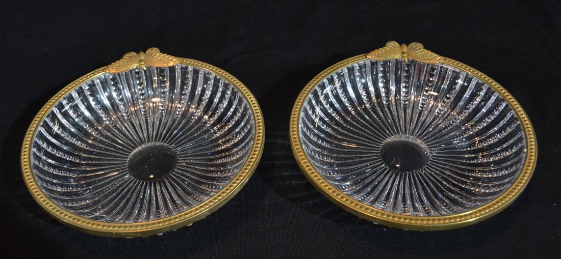 (Pr) CUT GLASS & FRENCH BRONZE BOWLS WITH: BUTTERFLIES - 6" x 1 1/4"