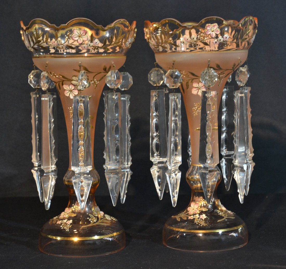 (Pr) RAISED ENAMELED PINK GLASS LUSTRES