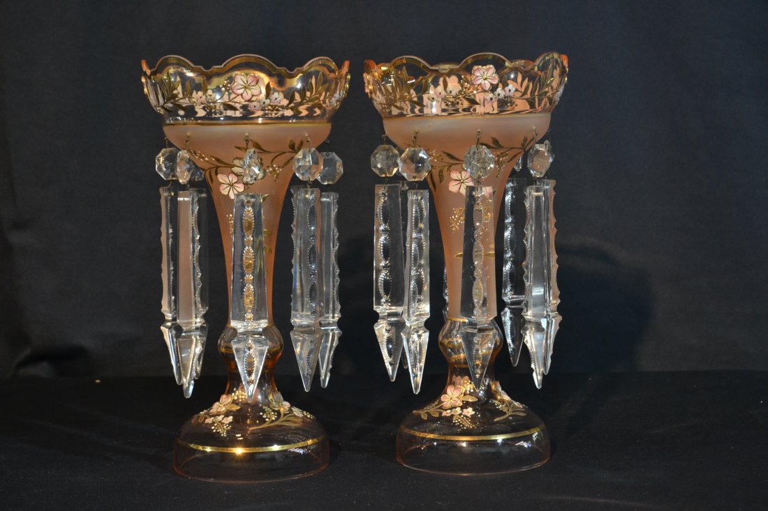 (Pr) RAISED ENAMELED PINK GLASS LUSTRES - 2