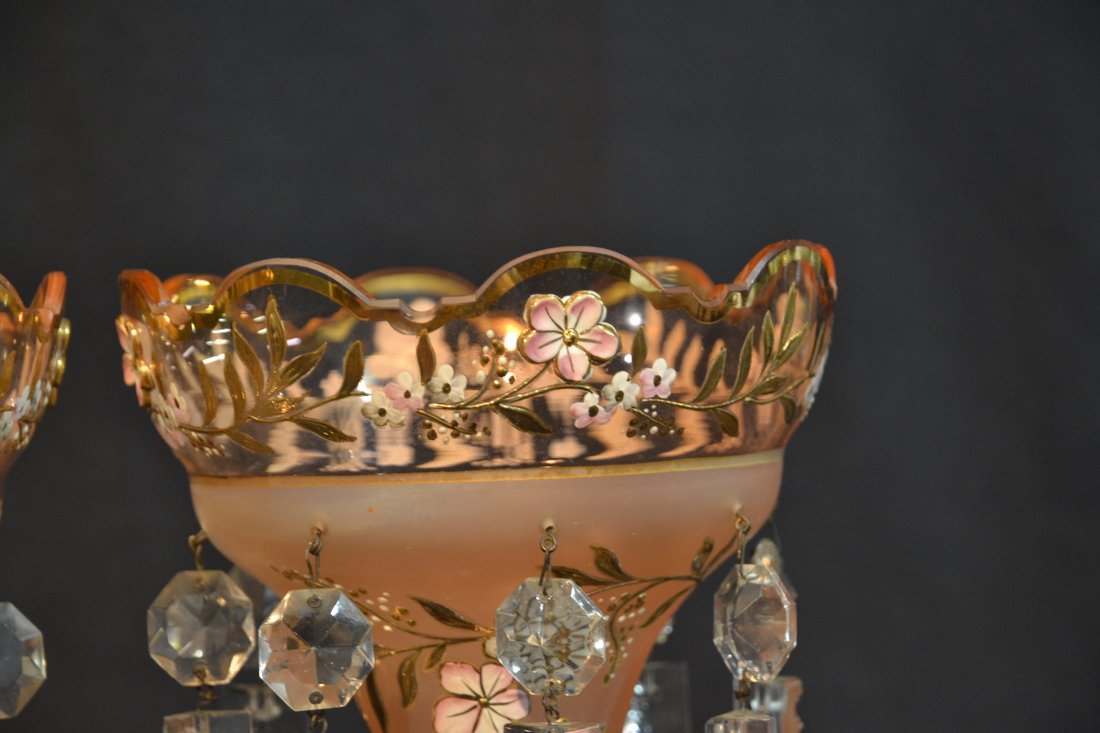 (Pr) RAISED ENAMELED PINK GLASS LUSTRES - 4