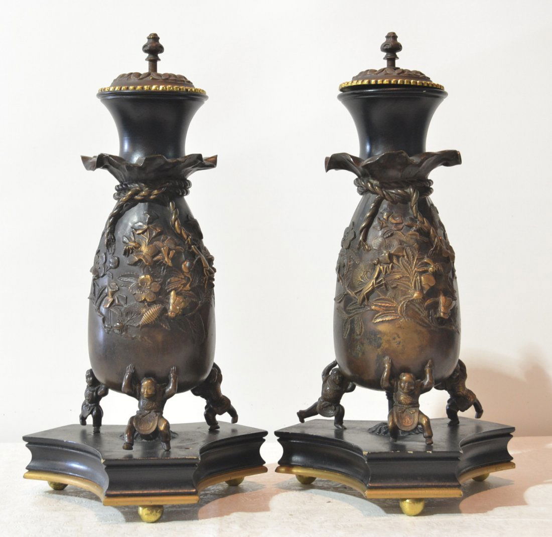 (Pr) ORIENTAL BRONZE URNS WITH GRASS HOPPERS ,: INSECT & (3) FIGURES HOLDING VASE MOUNTED ON WOODEN BASE ; SET AS TABLE BASE - 20 1/2" TALL