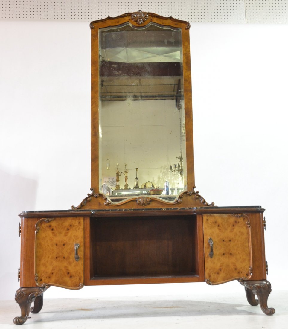 MARBLE TOP BURL DRESSING TABLE WITH MIRROR: 46" x 13" x 65"