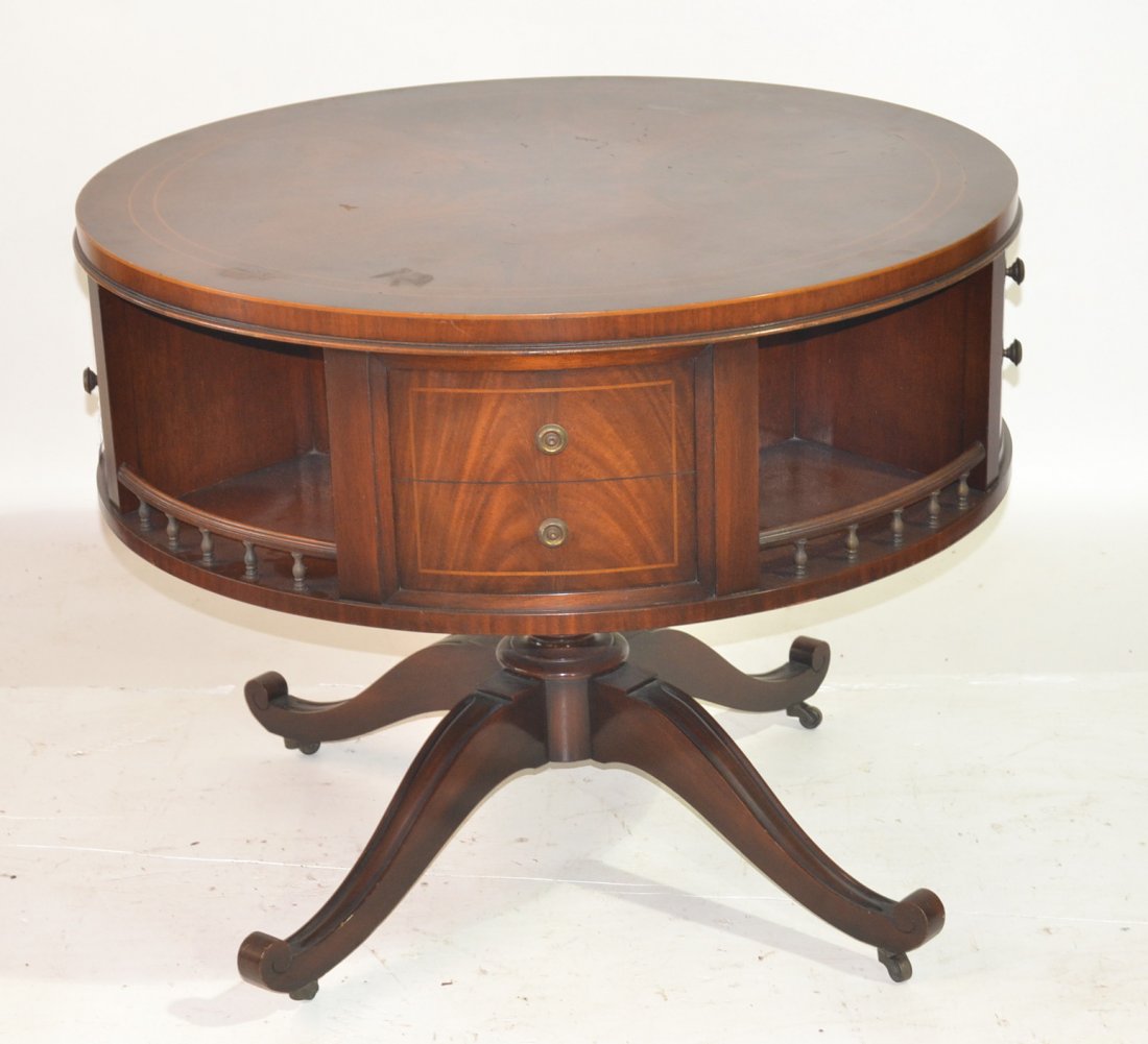 WEIMAN MAHOGANY PENCIL INLAID DRUM REVOLVING: DRUM TABLE WITH BOOKCASE & GALLERY - 36" x 28"(SOME SPOTS ON TOP)