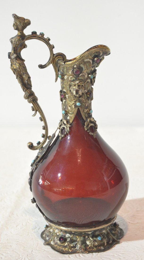 VIENNA RUBY GLASS EWER WITH FIGURAL JEWELED: MOUNTS - 7 1/4" TALL