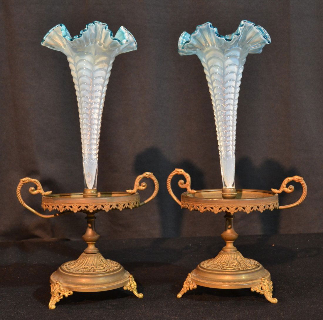 (Pr) VICTORIAN OPALESCENT RUFFLED EPERGNES SET IN: TWIN HANDLE EMBOSSED STANDS -