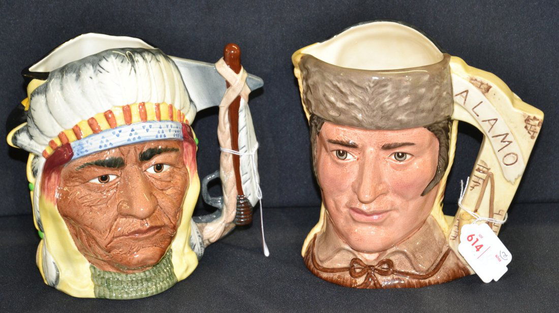2 FACE ROYAL DOULTON CUSTER / SITTING BULL: CHARACTER MUG - 7 1/4" TALL & 2 FACE ROYAL DOULTON DAVY CROCKET / ANTONIO LOPEZ CHARACTER JUG - 6 1/2"
