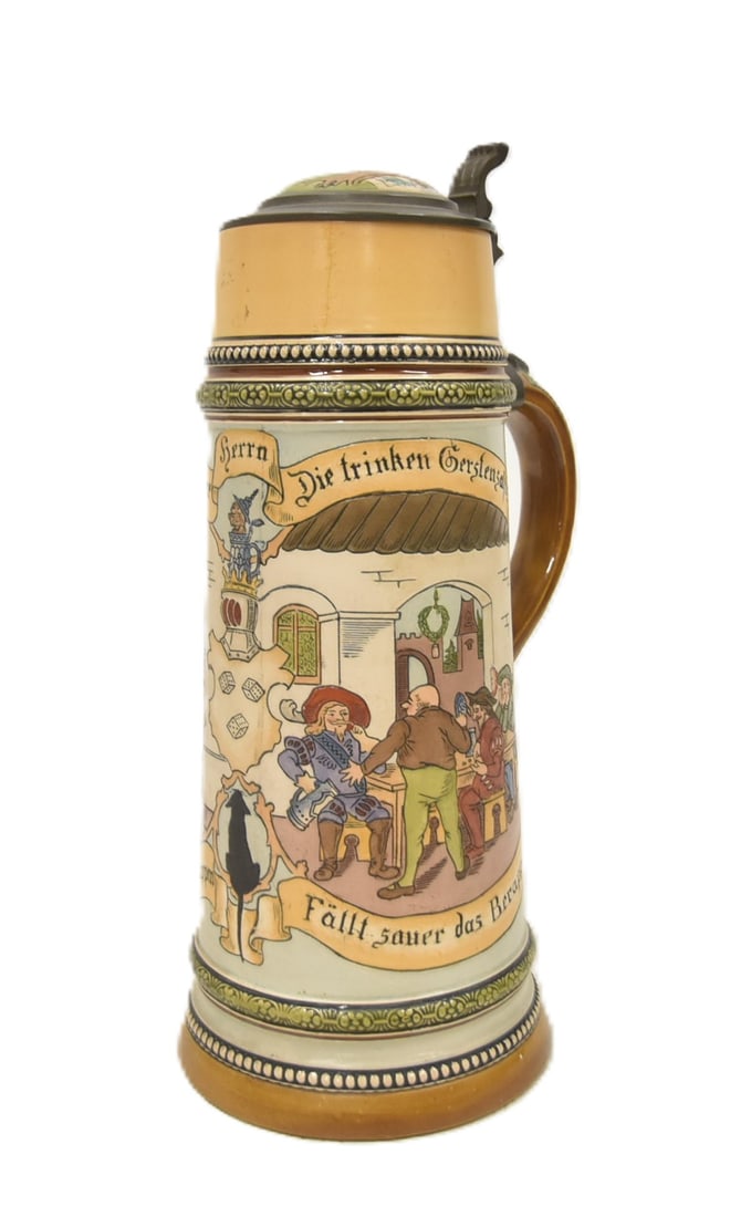 HR 435 DRINKING SCENE 2 LITER STEIN: HAUBER REUTHER No. 435 HR 435 2 LITRE GERMAN BEER STEIN WITH TRANSLATED VERSE (The servants and their masters like to drink the barley juice, but knights and their servants have a hard time paying the