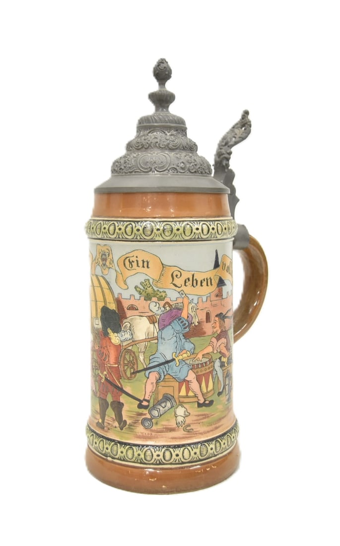 HR 431 1 LITER OUTDOOR DRINKING SCENE BEER STEIN: HAUBER & REUTHER No.431 HR 431 OUTDOOR DRINKING SCENE 1 LITER GERMAN BEER KEG STEIN WITH VERSE WE LEAD A LIFE & PEOPLE DRINKING FREE & FILLED WITH BLISS & WHAT COULD BE MORE DELIGHTFULL THAN THIS ? 6"