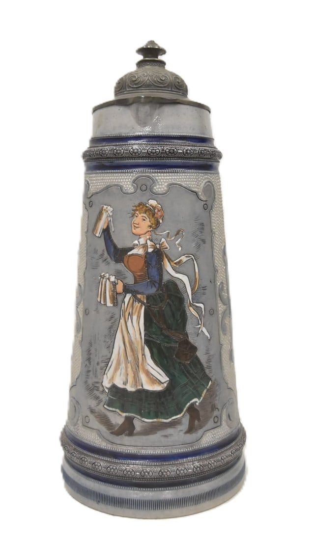 HR 250 BARMAID 4 LITER BEER STEIN: HAUBER & REUTHER 250 H & R 250 GERMAN 4 LITRE SALT GLAZE BEER STEIN "BARMAID" CARRYING BEERS TRANSLATED VERSE (Look here at the daughters of nature, not yet touched by culture.) (Usually a good soul w