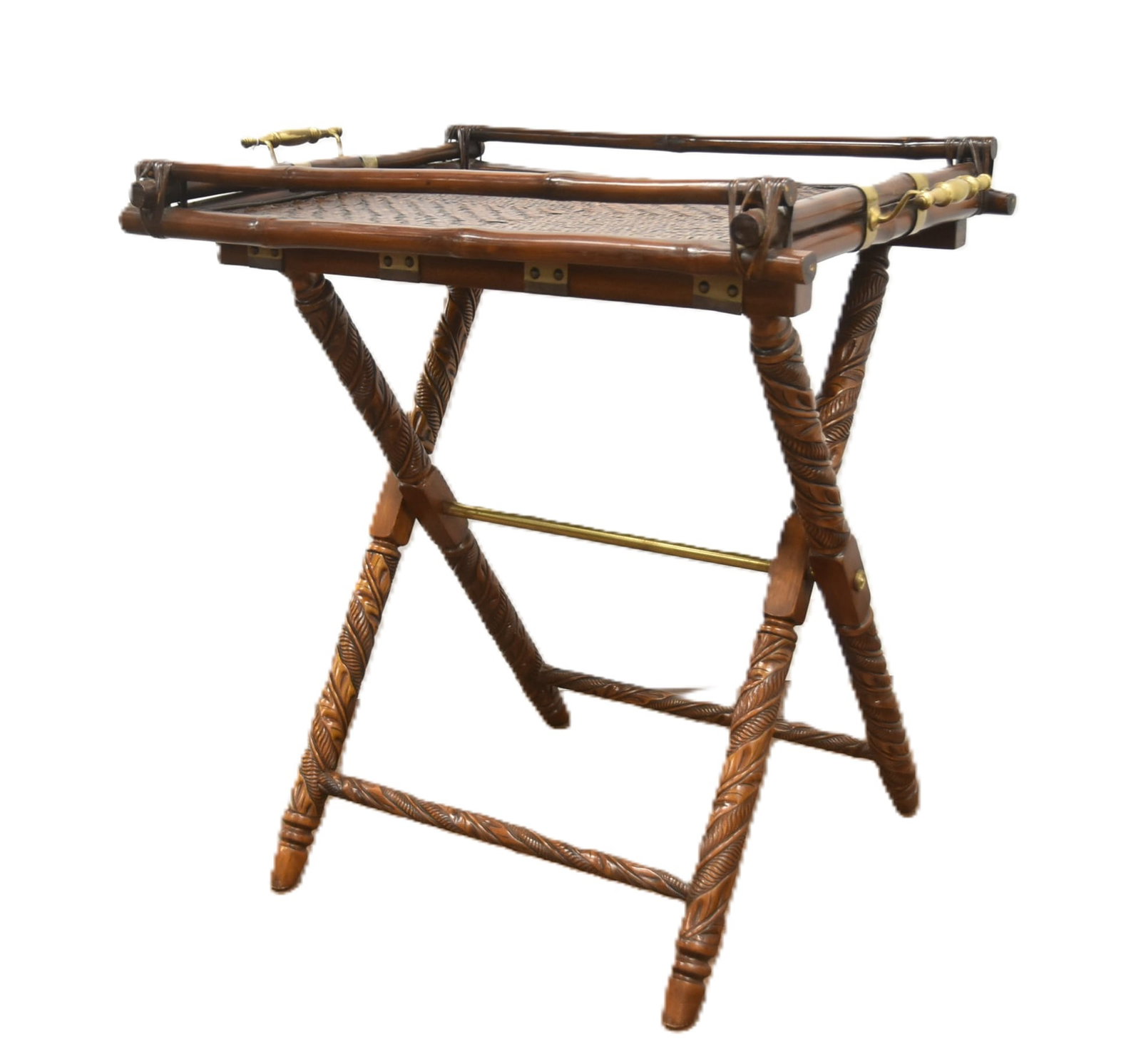RALPH LAUREN FAUX BAMBOO BUTLERS TRAY TABLE: RALPH LAUREN BRITISH COLONIAL SAFARI COLLECTION MAHOGANY & BRASS MOUNTED BUTLERS TRAY TABLE ON FOLDING STAND - 34" x 23" x 35"