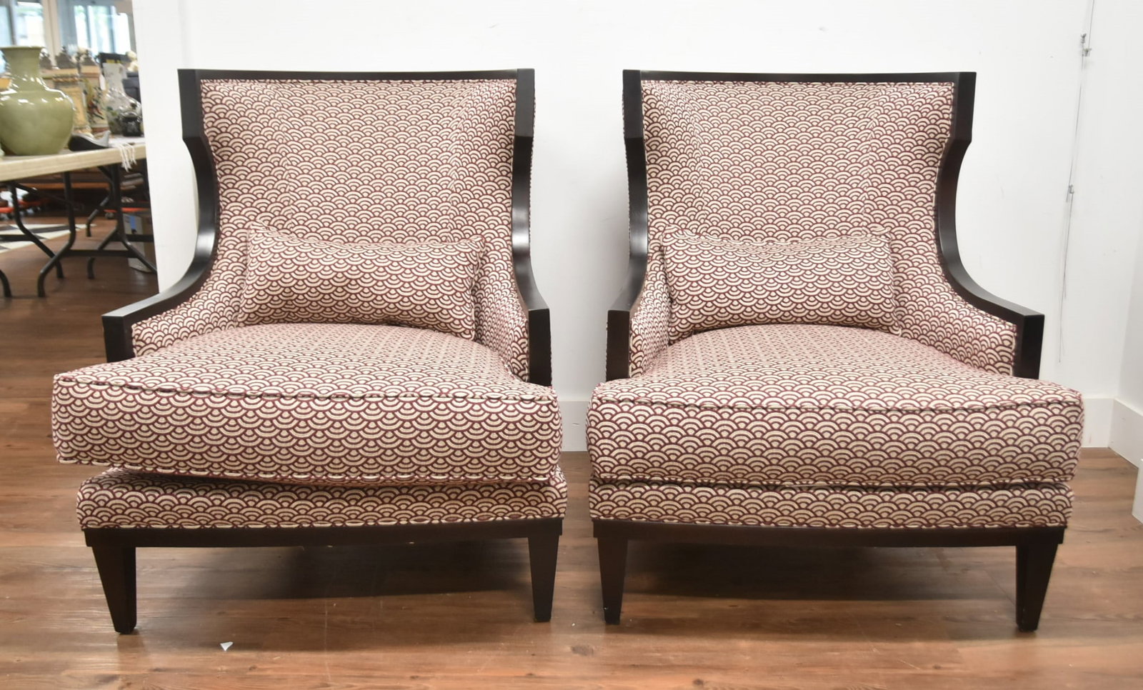 (Pr) THOMASVILLE UPHOLSTERED CHAIRS: PAIR THOMASVILLE HIGH BACK BARREL CHAIRS - 30 1/2" x 24" x 39"
