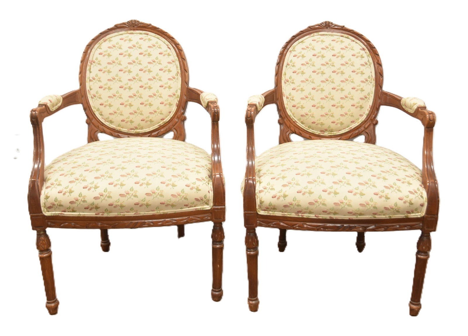 (Pr) FRENCH STYLE FAUTEUIL ARM CHAIRS: PAIR FRENCH LXVI STYLE FAUTEUIL ARM CHAIRS WITH SILK UPHOLSTERY - 24" x 20" x 36"
