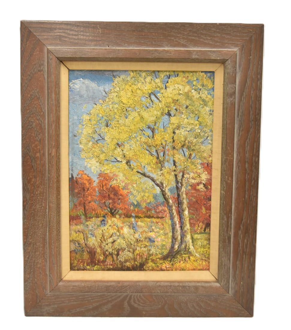 FREMONT ELLIS , AUTUMNAL OIL ON BOARD: FREMONT ELLIS (AMERICAN, NEW MEXICO - 1897-1985) OIL ON BOARD AUTUMNAL FOLIAGE WOODED LANDSCAPE , SIGNED FREMONT ELLIS LOWER LEFT OIL SIZE IS 10" x 14" ; OVERALL FRAMED 15 1/2" x 19 1/2"