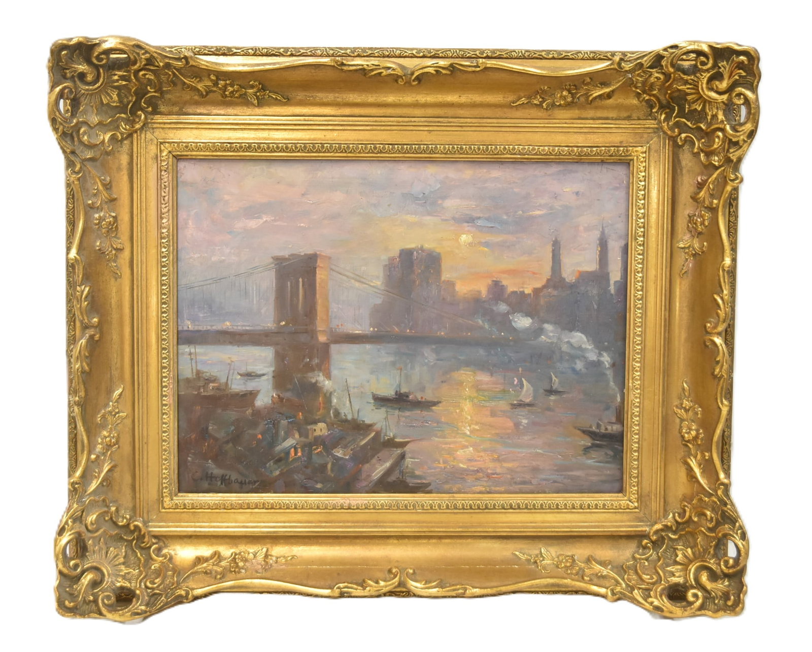 CHARLES HOFFBAUER , BROOKLYN BRIDGE OIL ON PANEL: CHARLES CONSTANTINE HOFFBAUER (FRENCH / AMERICAN - 1875-1957) OIL ON PANEL CITY VIEW OF "BROOKLYN BRIDGE", SIGNED C HOFFBAUER , LOWER LEFT IMAGE SIZE IS 15 1/2" x 11 1/2" OVERALL 23" x 19"