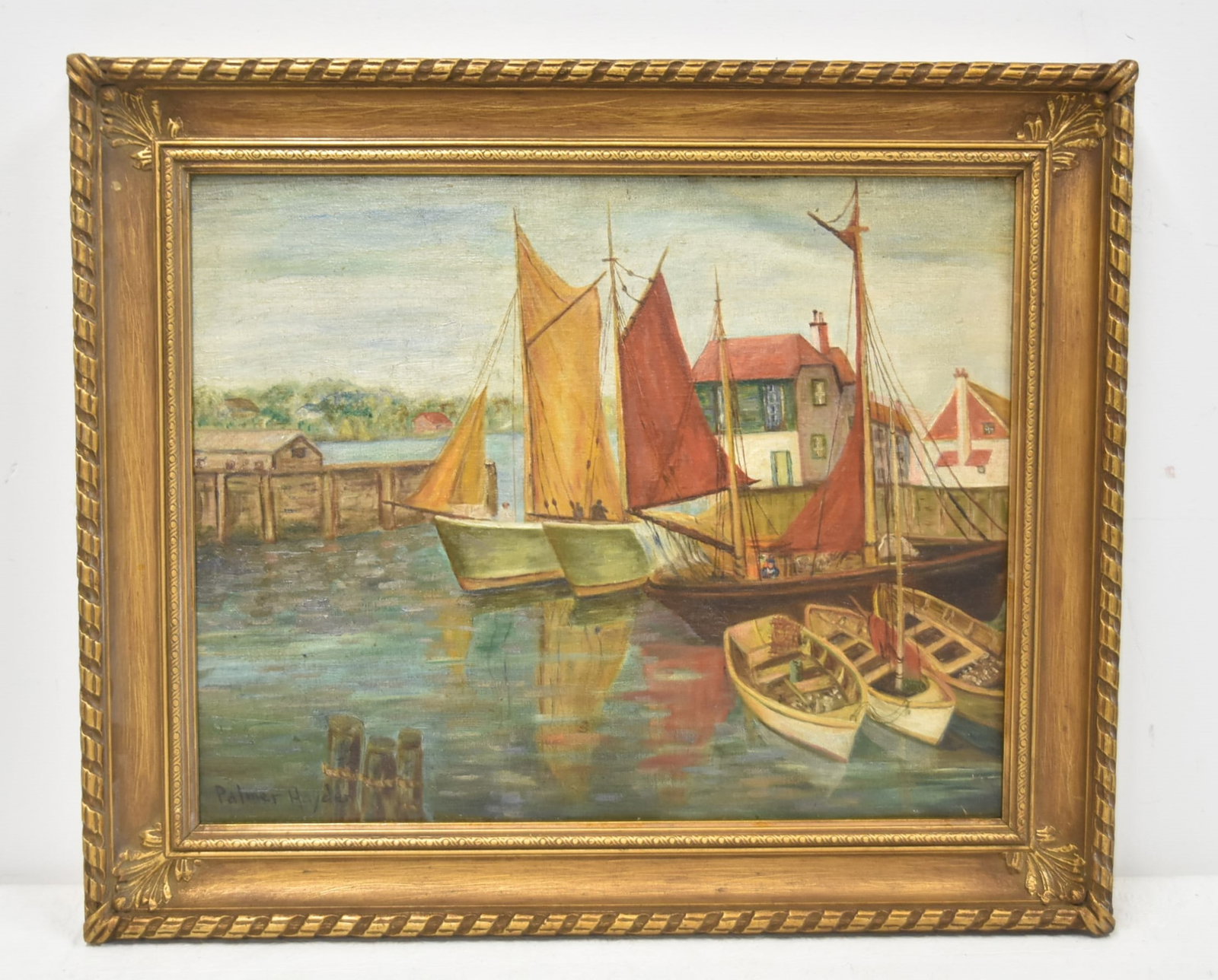 PALMER HAYDEN , OIL ON BOARD BOATS AT DOCK: Palmer Cole (Hedgeman) Hayden (American, 1890-1973) OIL ON ARTISTS CANVAS BOARD BOATS AT HARBOR , SIGNED PALMER HAYDEN , LOWER LEFT - OIL SIZE 20" x 16" ; OVERALL IS 24 1/2" x 21" FRAMED