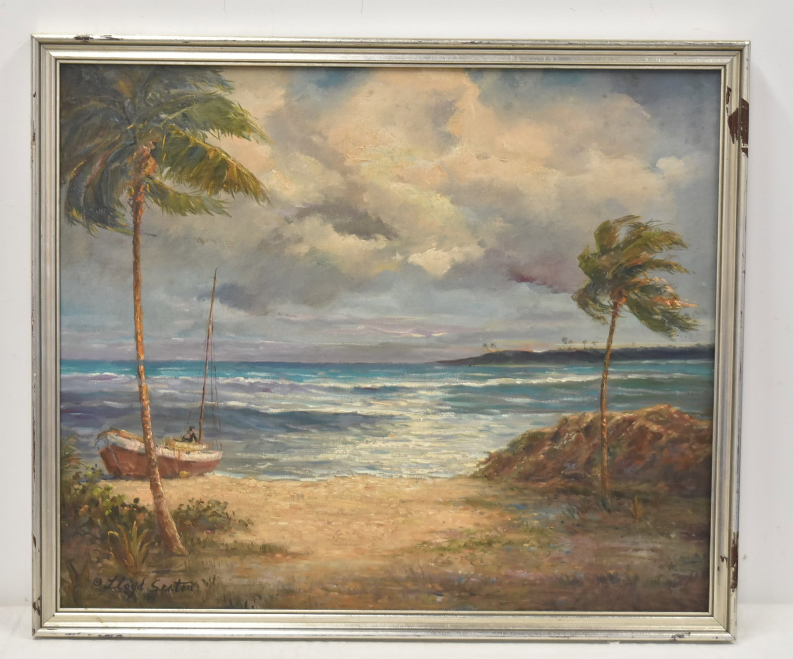 LLOYD SEXTON Jr , OIL ON CANVAS HAWAIIAN COAST: LLOYD SEXTON Jr (HAWAIIAN, 1912-1990) OIL ON CANVAS PALM TREES IN THE WIND ON HAWAIIAN COASTAL BEACH , SIGNED LLOYD SEXTON JR ; IMAGE SIZE IS 29" x 24" ; OVERALL FRAMED IS 31 1/2" x 26 1/2"
