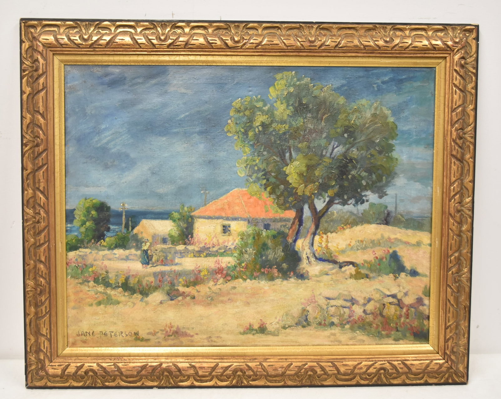JANE PETERSON , OIL ON CANVAS LANDSCAPE: JANE PETERSON (MASSACHUSSETS - AMERICAN, 1876-1965) OIL ON CANVAS HOUSE IN LANDSCAPE , SIGNED JANE PETERSON , LOWER LEFT - 26" x 20" ; OVERALL FRAMED - 32" x 26"