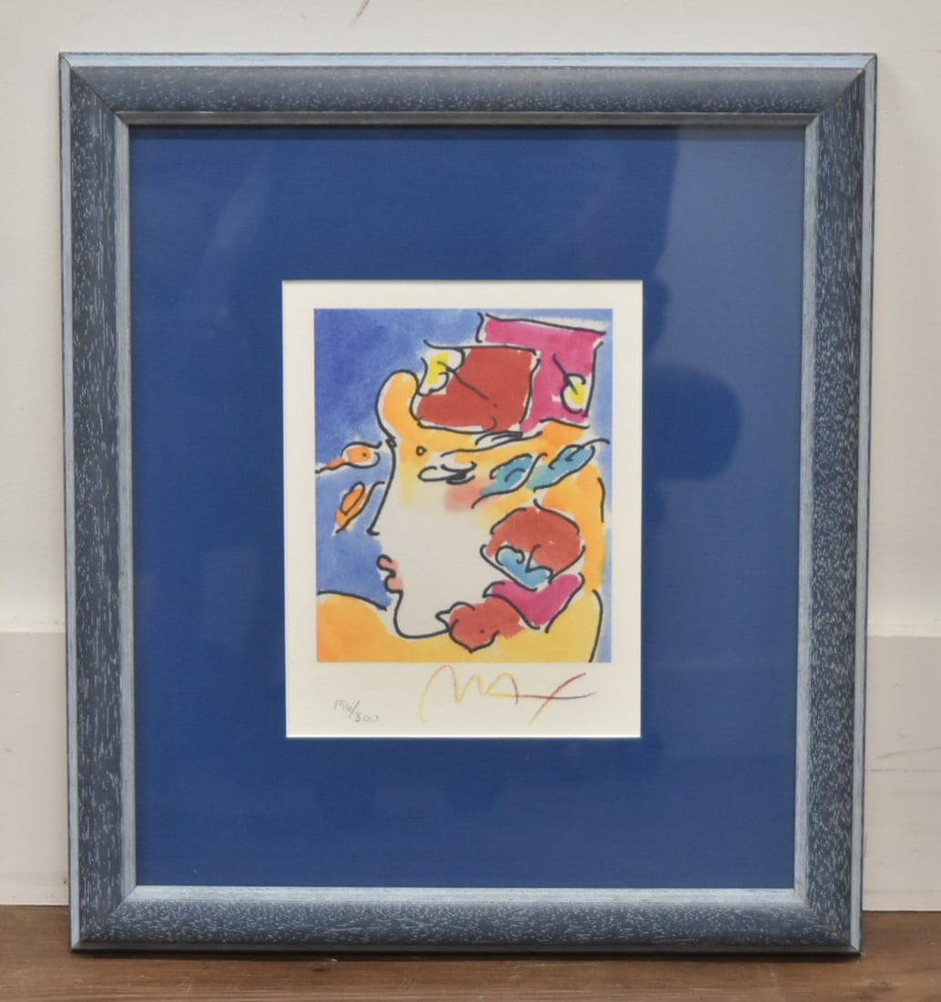 PETER MAX PROFILE SERIES LITHOGRAPH: PETER MAX (AMERICAN, b 1937) COLOR LITHOGRAPH ON PAPER PROFILE SERIES I HAND SIGNED MAX ; HAND NUMBERED 196/300 IMAGE SIZE IS 6 1/2" x 8 1/2" OVERALL FRAMED 14 3/4" x 16 1/2"