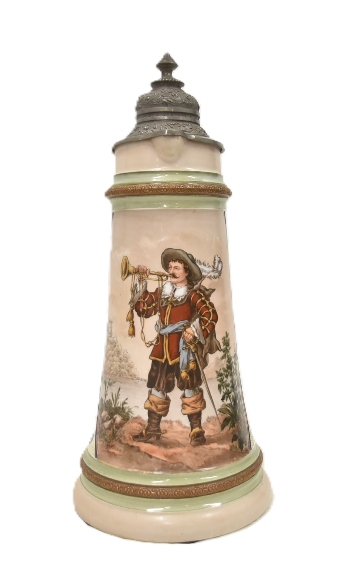 HR 255 2.5 LITRE GERMAN STEIN: HAUBER & REUTHER No 255 H & R 255 2.5 LITER GERMAN BEER STEIN WITH CAVALIER SCENE & TAPESTRY DESIGNS 7" x 7" x 16"