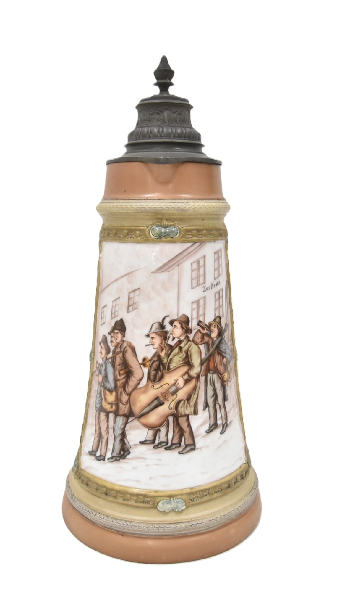 HAUBER REUTHER 3 LITER BEER STEIN: HAUBER REUTHER 3 LITER GERMAN BEER STEIN WITH HAND PAINTED MUSICIANS SCENE - 7" x 7" x 14" MISTAKENLY IN THE HR 20 SERIES