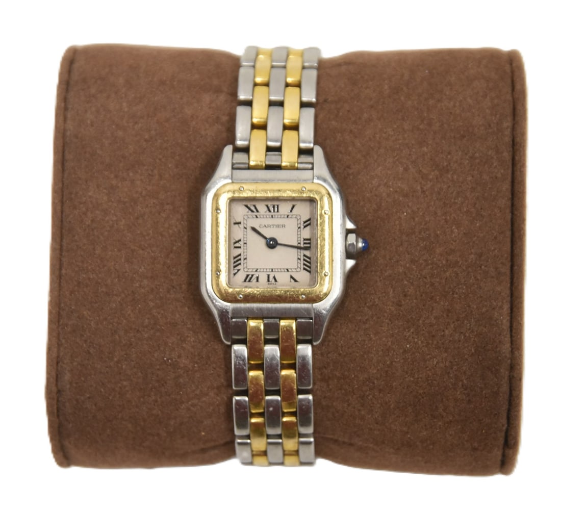 PANTHERE de CARTIER WATCH: PANTHERE de CARTIER WATCH - 22mm STAINLESS STEEL & DOUBLE ROW 18kt GOLD BAND SWISS MADE ; QUARTZ MOVEMENT BLUE SAPPHIRE CROWN ; ROMAN NUMERAL MARKERS ; FACE IS 22mm ; APPROXIMATELY 6 1/2" CIRCUMFERENC