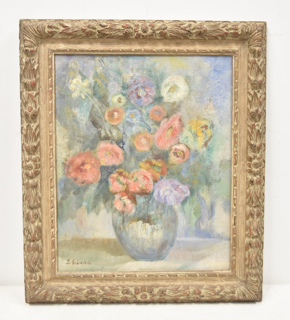 EUGENIUSZ EIBISCH , OIL ON BOARD FLORAL STILL LIFE: EUGENIUSZ EIBISCH (POLISH 1896-1987) OIL ON CANVAS BOARD FLOWERS IN A VASE FLORAL STUDY STILL LIFE , SIGNED EIBISCH , LOWER LEFT TITLED INVERSO STILL LIFE IN A VASE , EUGENIUSZ EIBISCH OIL SIZE IS 17 