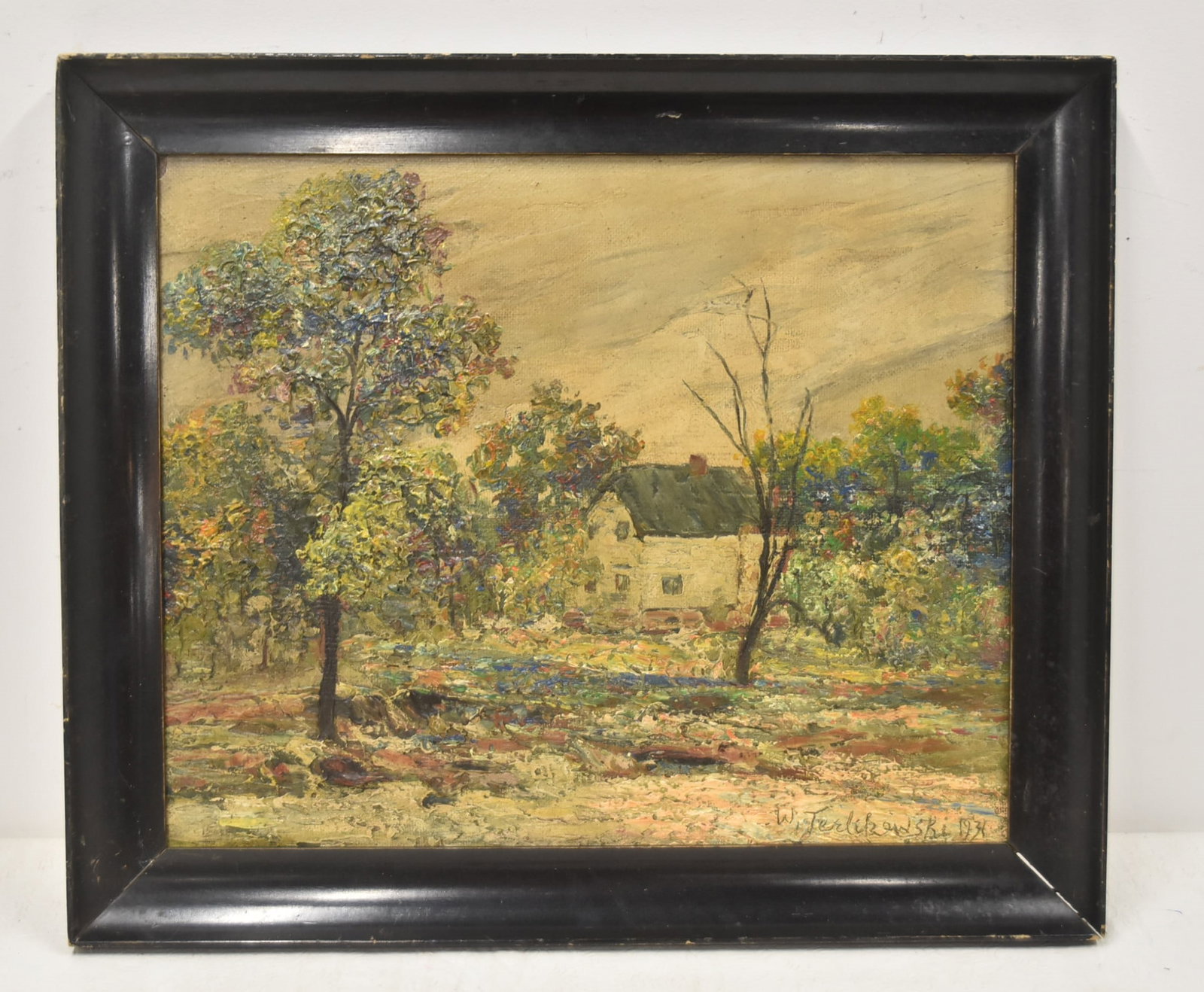 VLADIMIR TERLIKOWSKI , WOODED LANDSCAPE: WLODZIMIERZ TERLIKOWSKI ; WLADIMIR DE TERLIKOWSKI (POLISH, 1873-1951) OIL ON BOARD HOUSES IN WOODED LANDSCAPE , SIGNED W TERLIKOWSKI , 1931 , MIDDLE RIGHT 19 1/2" x 16" ; 23" x 19 1/2" OVERALL