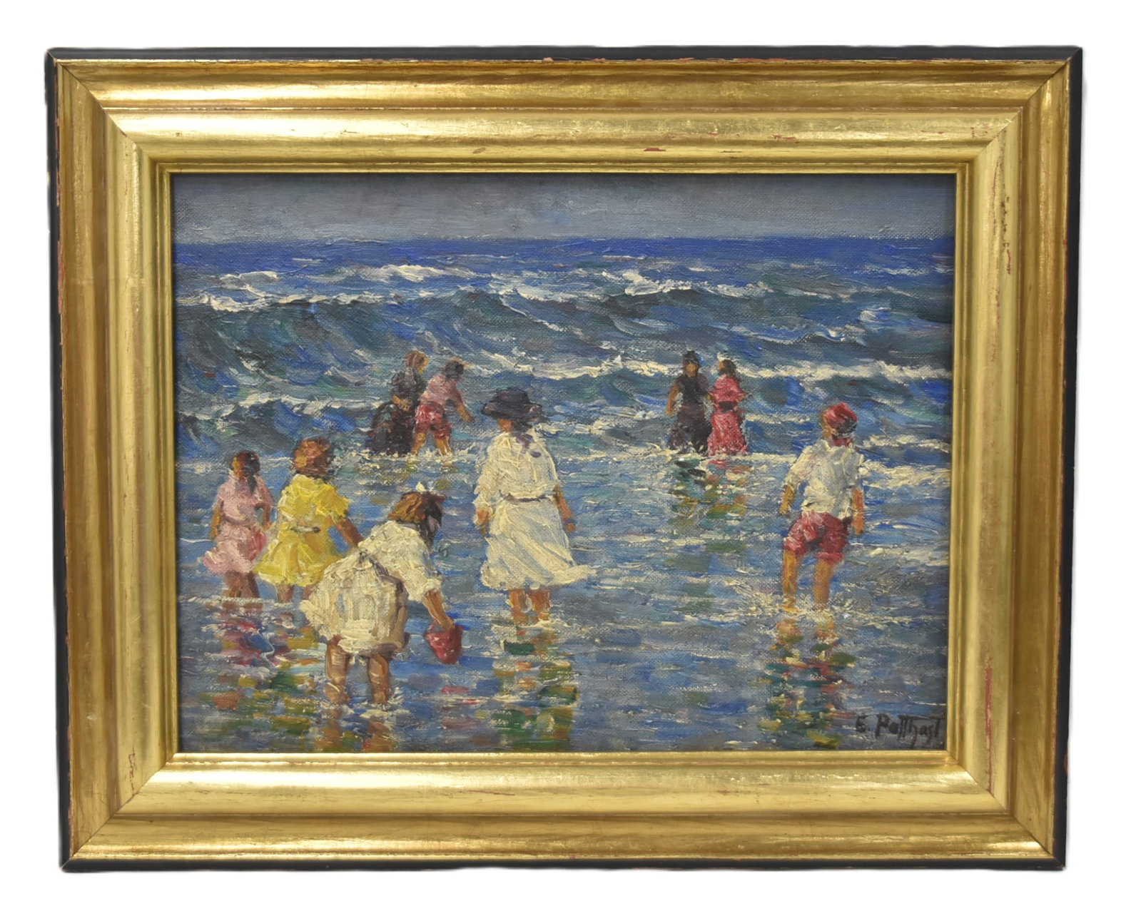 EDWARD HENRY POTTHAST , OIL ON BOARD: EDWARD HENRY POTTHAST (AMERICAN 1857-1927) OIL ON BOARD CHILDREN PLAYING IN SURF BEACH SCENE , SIGNED E POTTHAST , LOWER RIGHT IMAGE SIZE IS 16" x 12" ; 20" x 16"