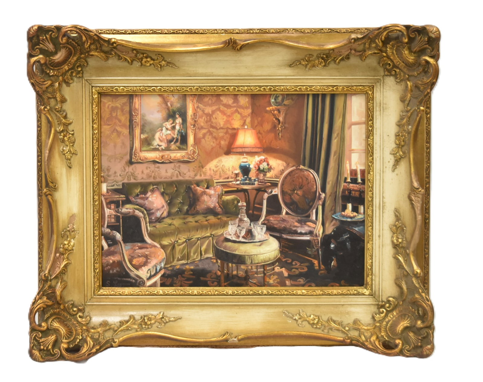 S. LEE , OIL ON PANEL INTERIOR PARLOUR SCENE: S LEE , CONTEMPORARY OIL ON PANEL INTERIOR PARLOR SCENE WITH ELABORATE FURNITURE , SIGNED S. LEE - IMAGE IS 15" x 11" ; OVERALL FRAMED 22" x 18"