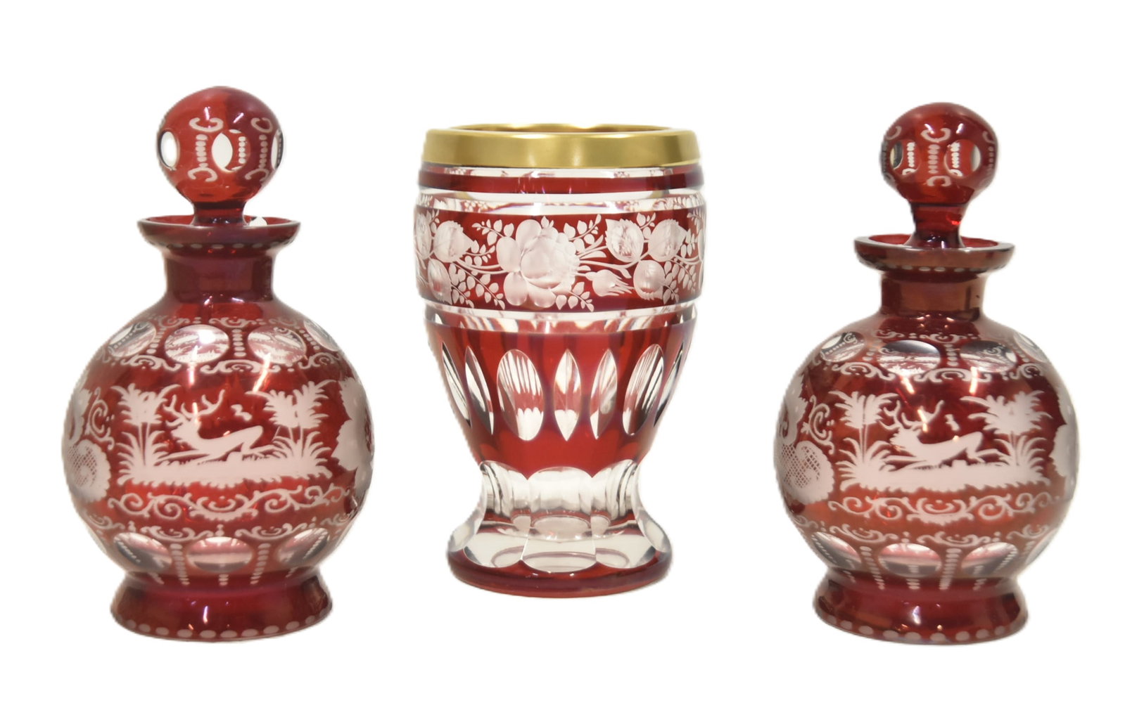 (3pc BOHEMIAN ETCHED RUBY GLASS (1 of 9)