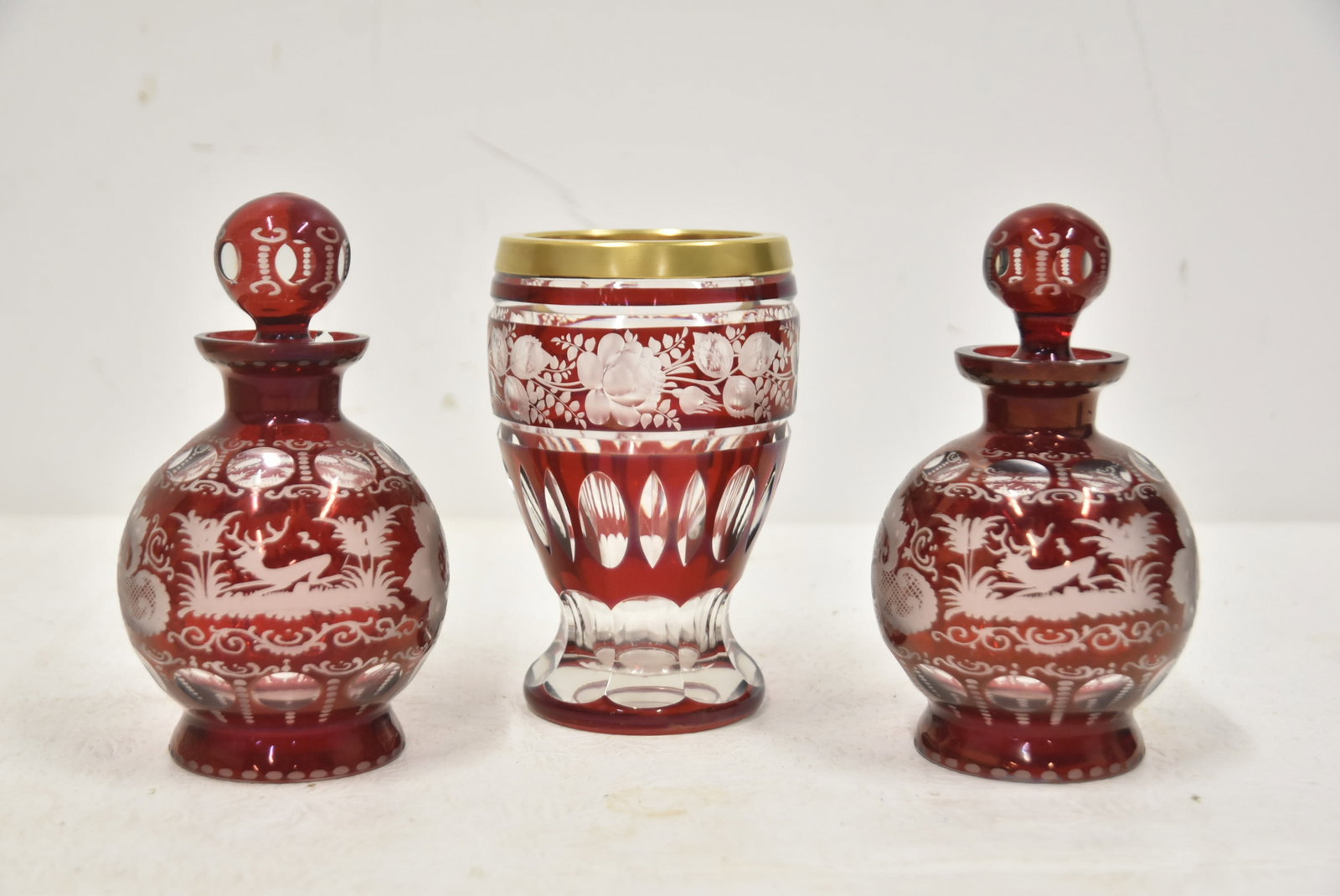 (3pc BOHEMIAN ETCHED RUBY GLASS - 2