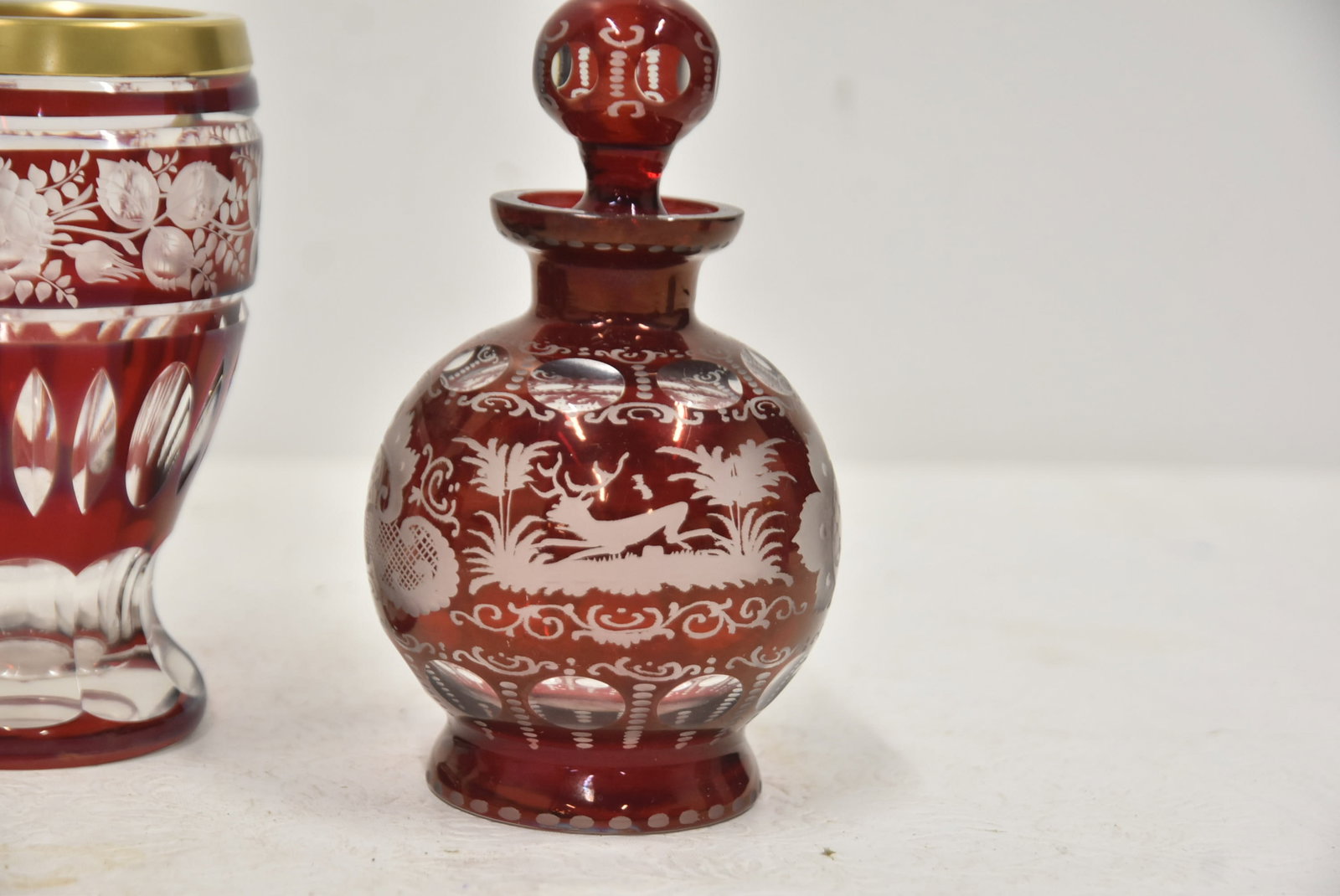 (3pc BOHEMIAN ETCHED RUBY GLASS - 3