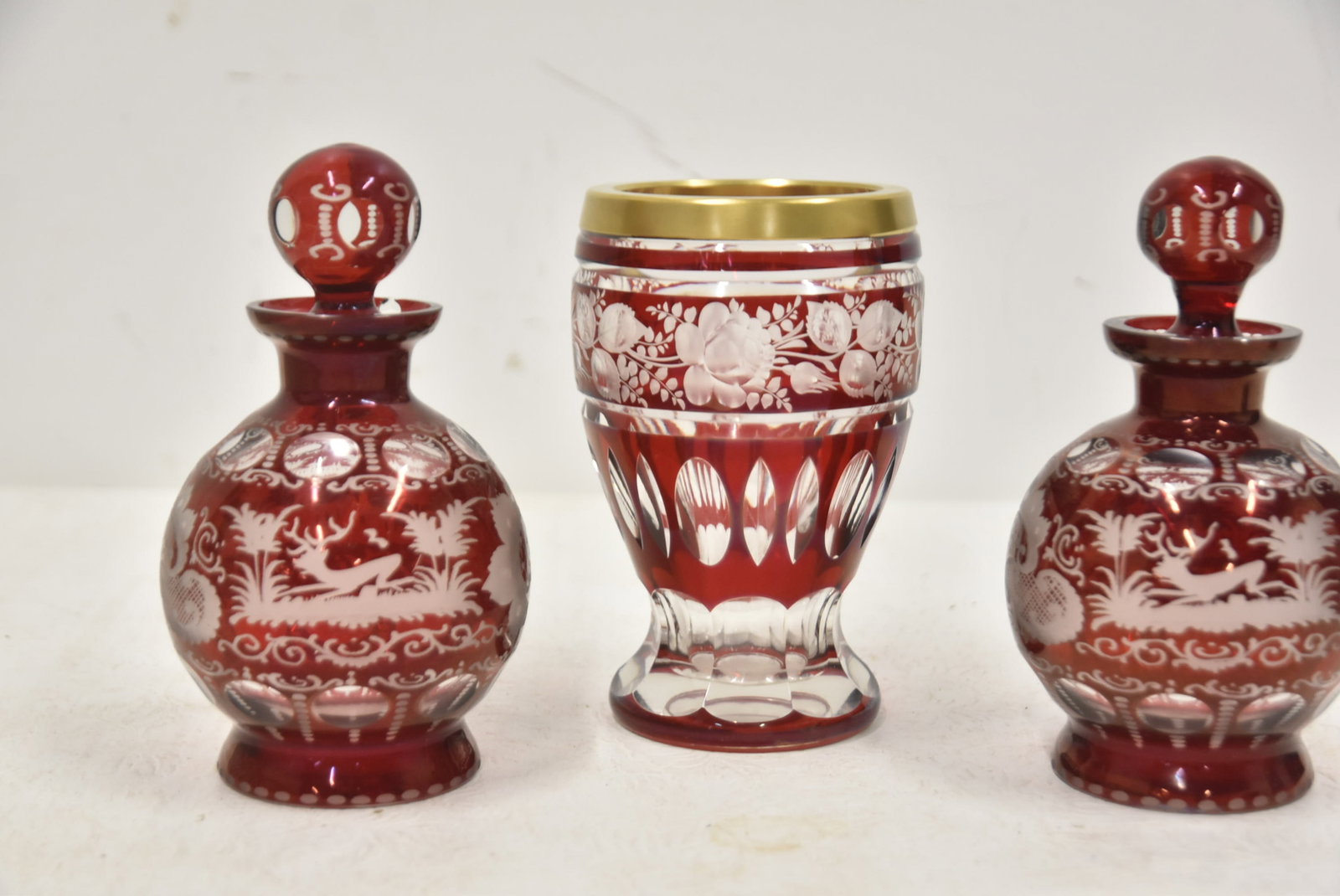 (3pc BOHEMIAN ETCHED RUBY GLASS - 4