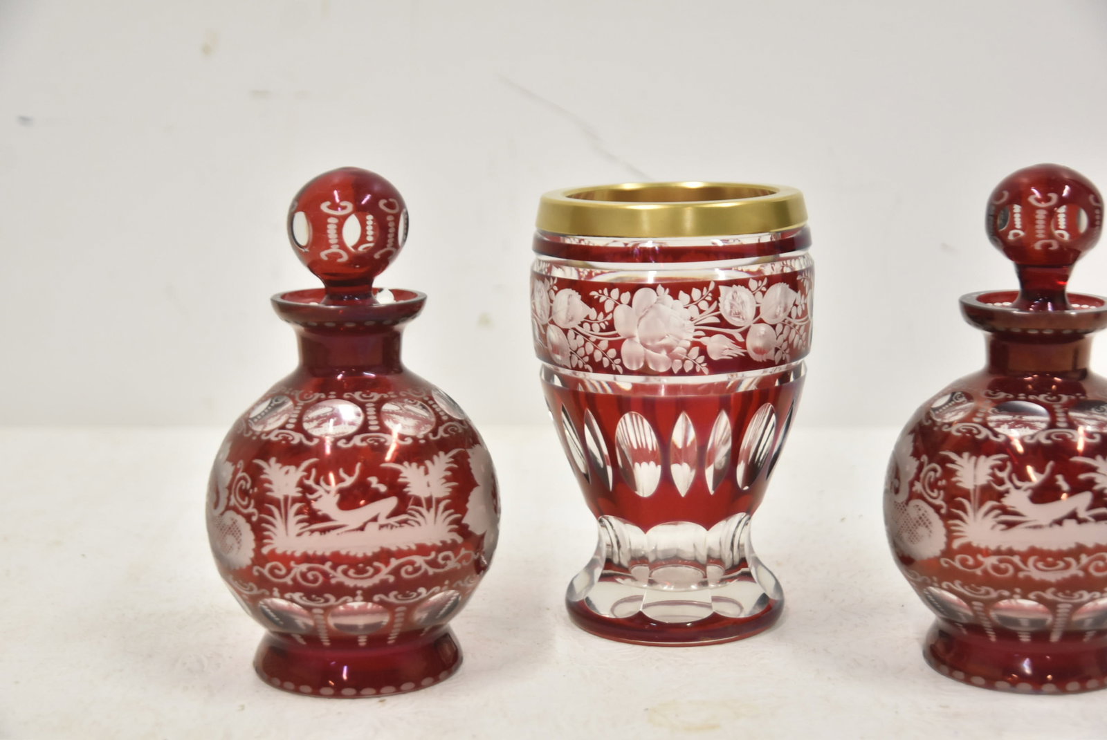 (3pc BOHEMIAN ETCHED RUBY GLASS - 5