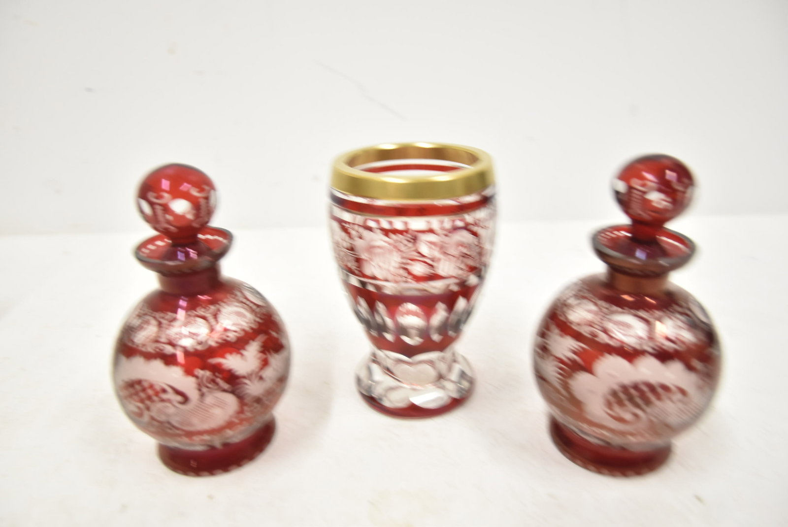 (3pc BOHEMIAN ETCHED RUBY GLASS - 6
