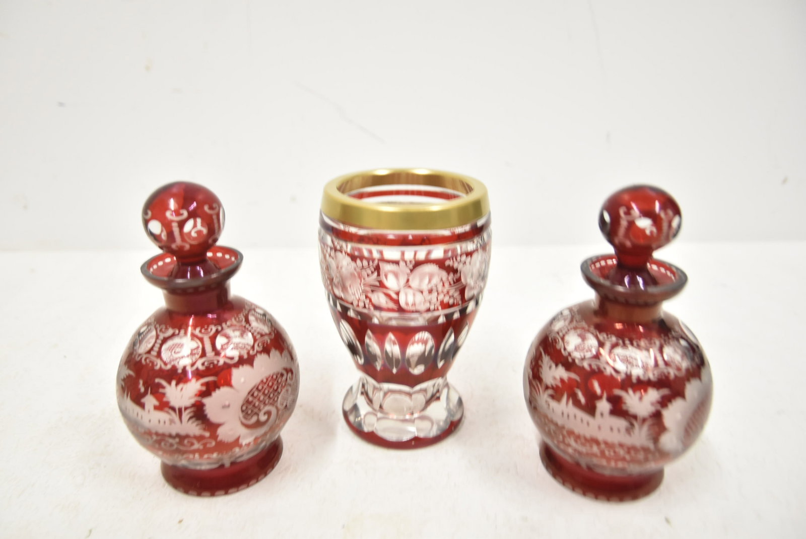 (3pc BOHEMIAN ETCHED RUBY GLASS - 7