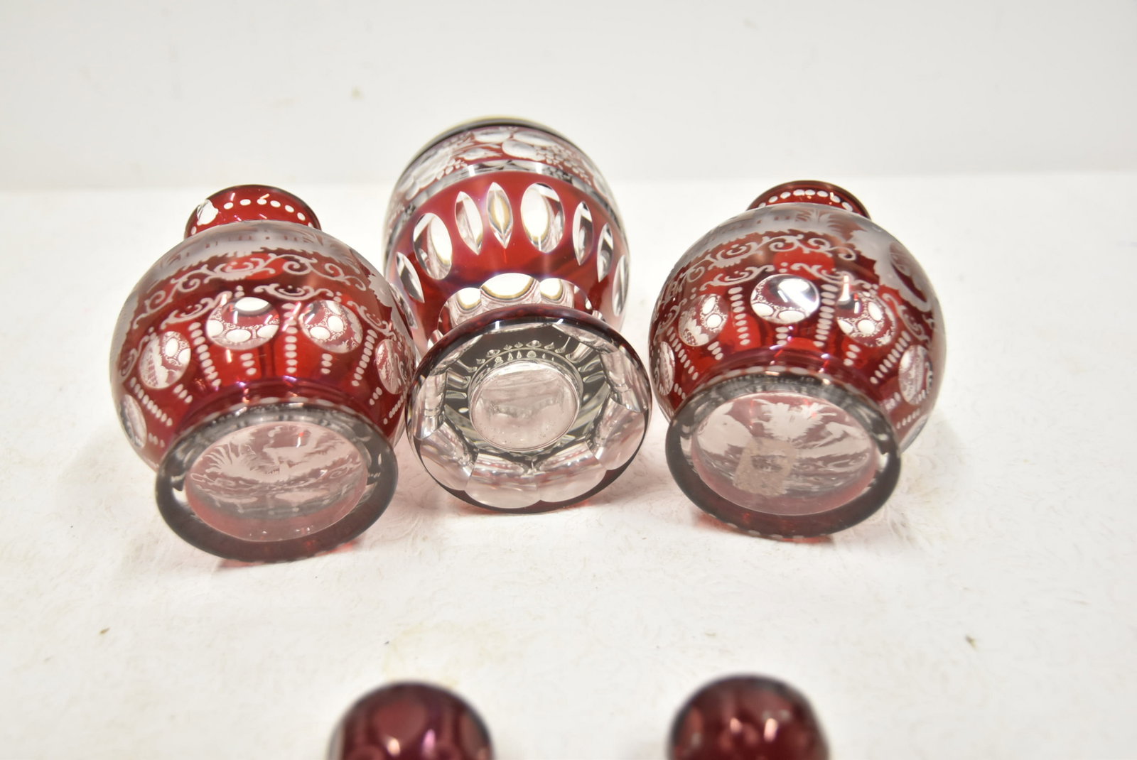 (3pc BOHEMIAN ETCHED RUBY GLASS - 8