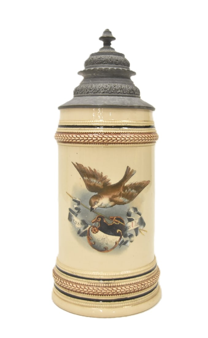 GERMAN 1 LITER BIRD OF UIM STEIN: GERMAN 1 LITER THE BIRD OF UIM BEER STEIN WITH PEWTER LID - 6"x 3 1/2" x 11"