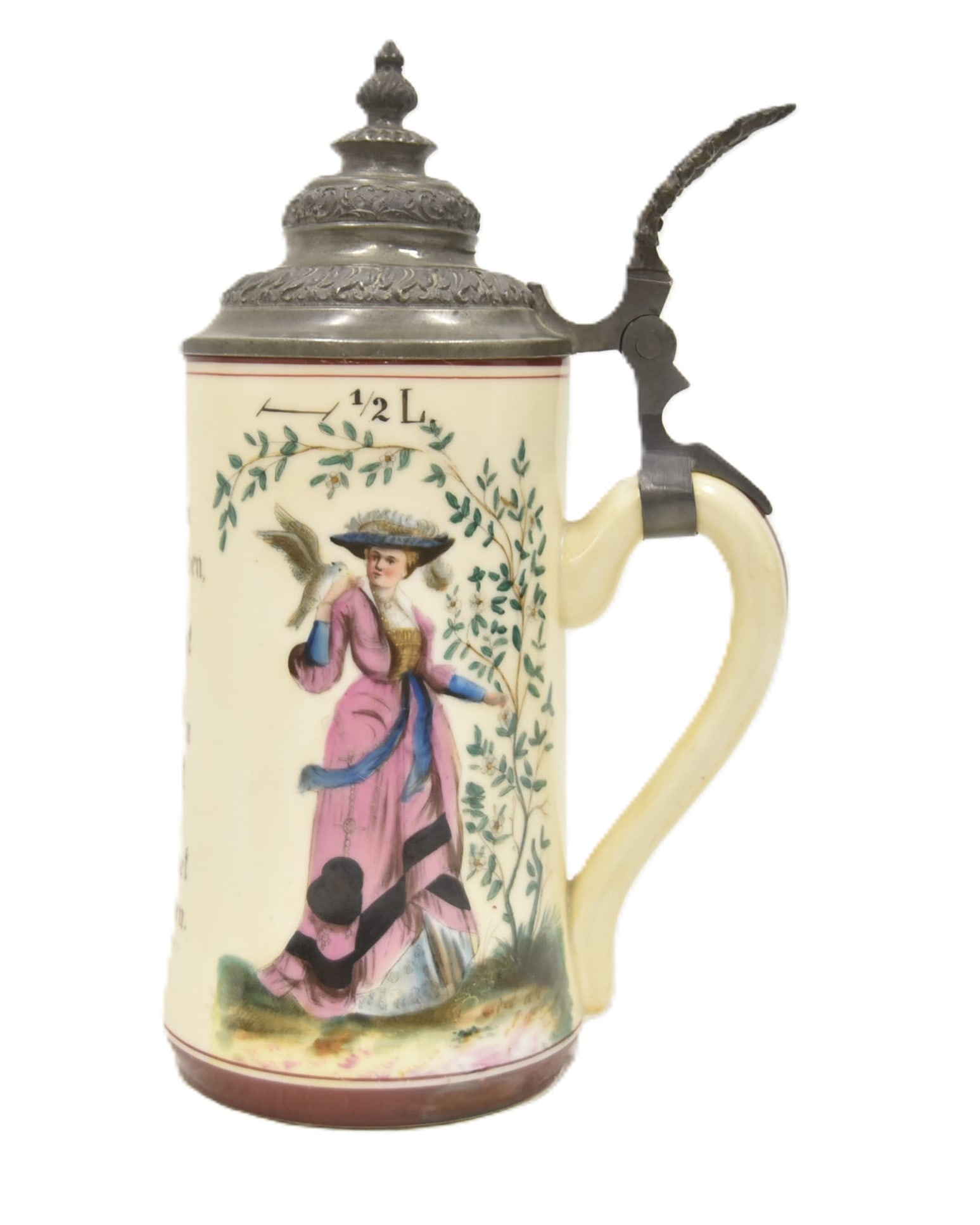 GERMAN PORCELAIN 1/2 LITRE LITHOPHANE STEIN: GERMAN PORCELAIN LITHOPHANE STEIN 1/2 LITRE BEER STEIN WITH VERSE "LOVE THE BEAUTIFUL MAIDENS , DONT MAKE THE YOUNG WOMEN SAD AND DONT HATE THE OLD ONES - 4 1/2" x 3" x 8 3/4" TALL