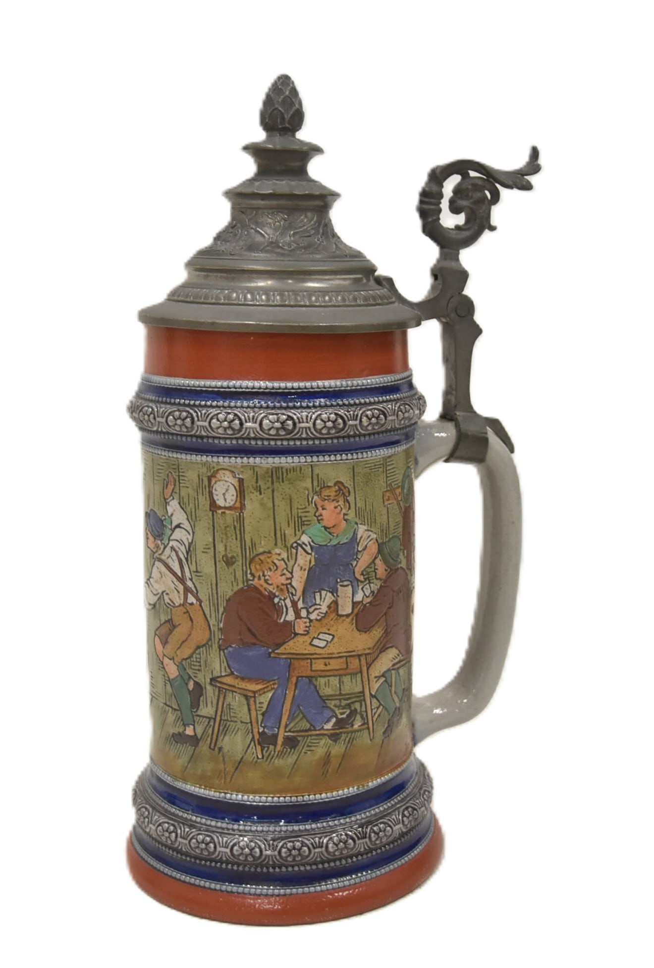 HR 160 MUSICIANS & DANCERS STEIN: HAUBER & REUTHER No. 160 PLATO & Co MUSICIANS & DANCERS WITH ENAMEL COLOR WITH FIGURES PLAYING MUSIC & POLKA DANCING 5" x 4" x 10 1/4"
