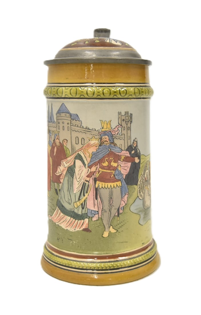 HR 417 LOHENGRIN'S DEPARTURE STEIN: HAUBER REUTHER No. 417 HR 417 GERMAN 1/2 LITER STEIN theme of this stein is taken from a medieval legend which tells the tale of the ?Swan Knight?. Today, the story is most often associated with the