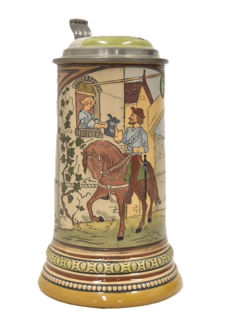 HR 439 Rider at the Green Wreath Tavern STEIN: HAUBER REUTHER No. 439 H & R 439 GERMAN 1/2 LITER CREAM STONEWARE STEIN WITH MARZI & REMEY INLAID LID WITH VERSE "(Into the Green Wreath Tavern, there I returned with a thirst!) 5" x 4 1/2' x 8 1/4"