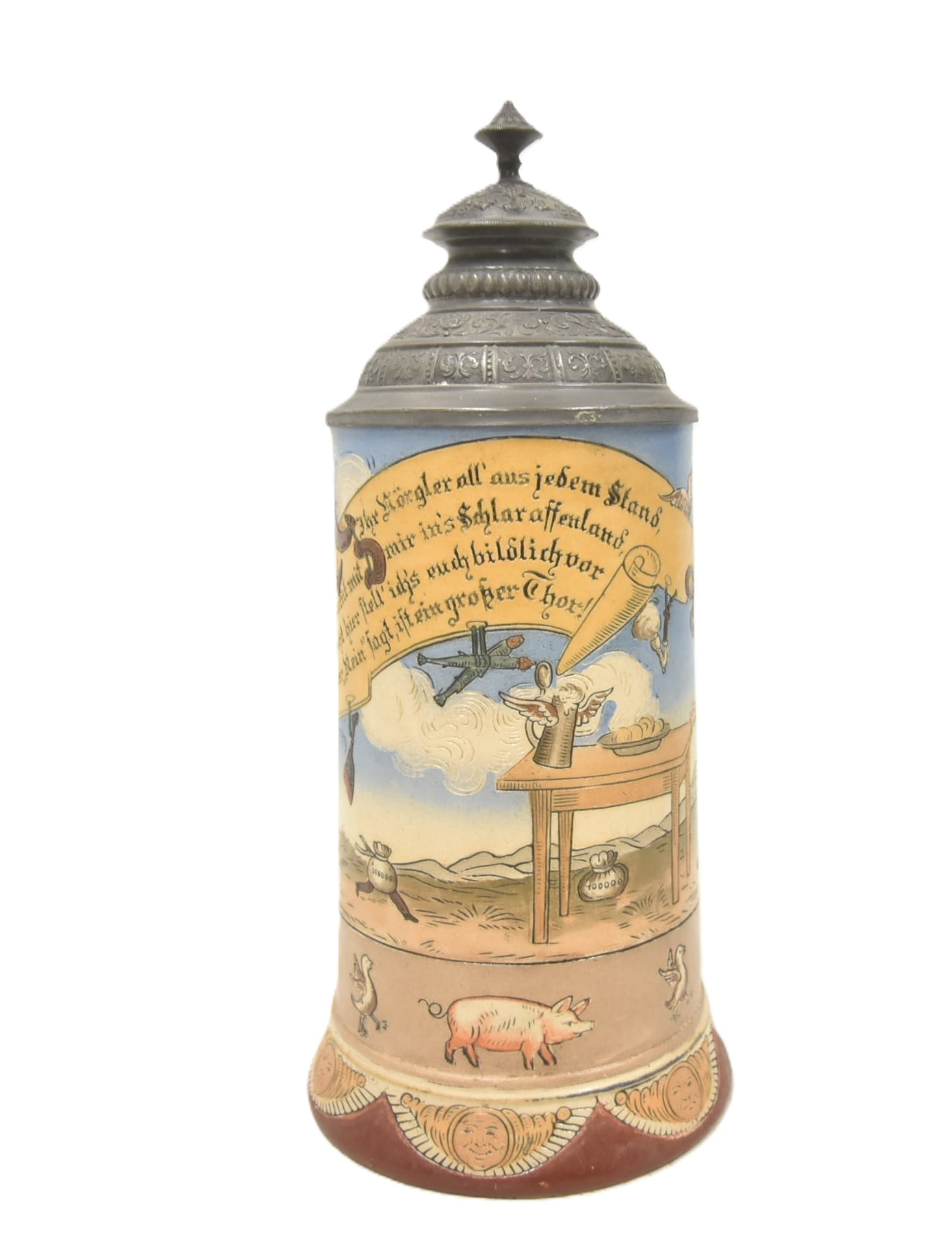 HR 407 SCHLARAFFENDLAND BEER STEIN: HAUBER REUTHER No. 407 HR 407 GERMAN 1/2 LITER BEER STEIN WITH TRANSLATED VERSE "YOU MALCONTENTS FROM EVERY BAND COME WITH ME TO SCHLARAFFENDLAND AND I WILL SHOW YOU MOST GRAPHICALLY..." WITH FIGURES
