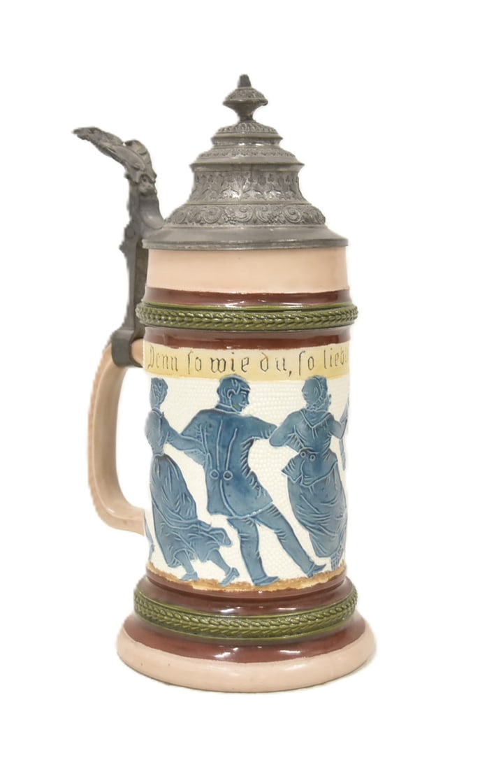 HR 179 DANCERS GERMAN STEIN: HAUBER REUTHER No. 179 "DANCERS" THREADING & ETCHED BLUE , GREEN & PINK FIGURES DANCING GERMAN BEER STEIN - 5" x 4" x 9 1/2"