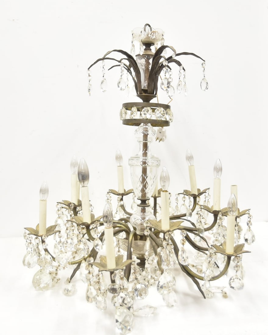 BRONZE & CRYSTAL CHANDELIER: BRONZE & CRYSTAL CHANDELIER WITH FOLIATE BRANCHES & LEAVES - 27" x 34"