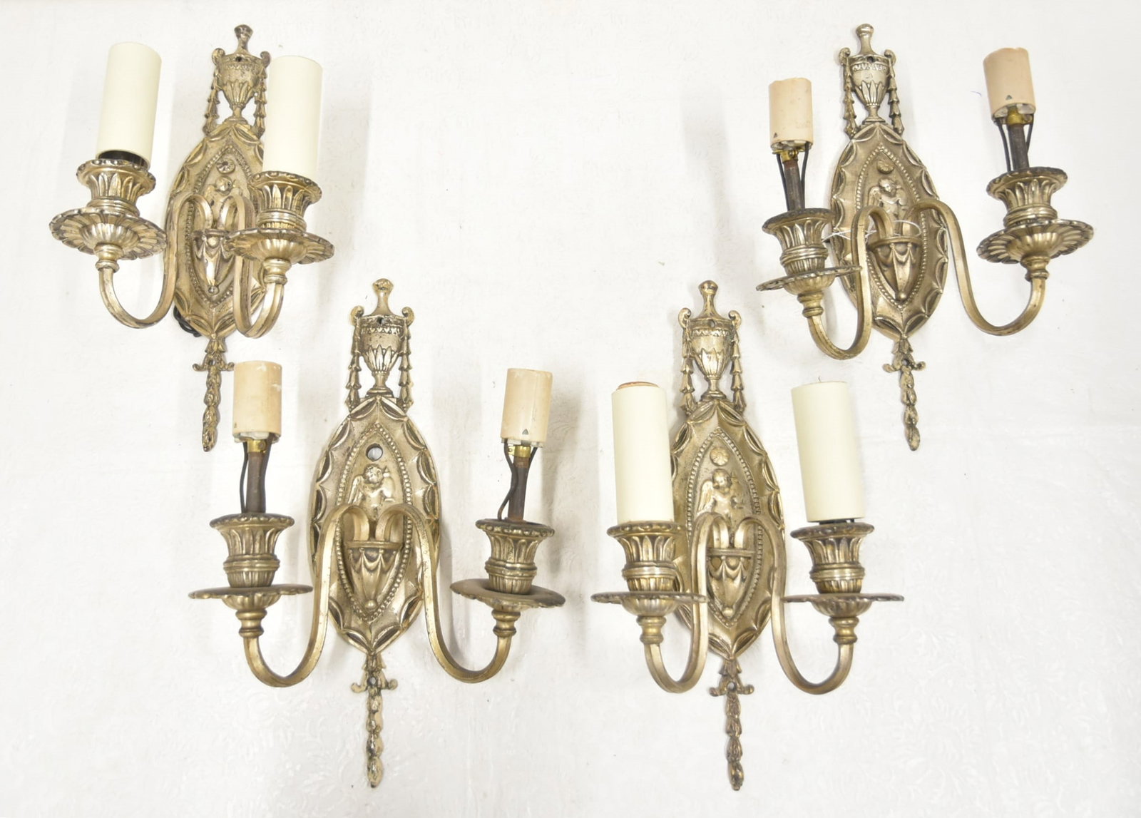 (2) PAIRS SILVER GILT BRONZE SCONCES: SET OF (4) SILVERED BRONZE 2-LIGHT SCONCES WITH URNS & GARLANDS - 6 1/2' x 14"