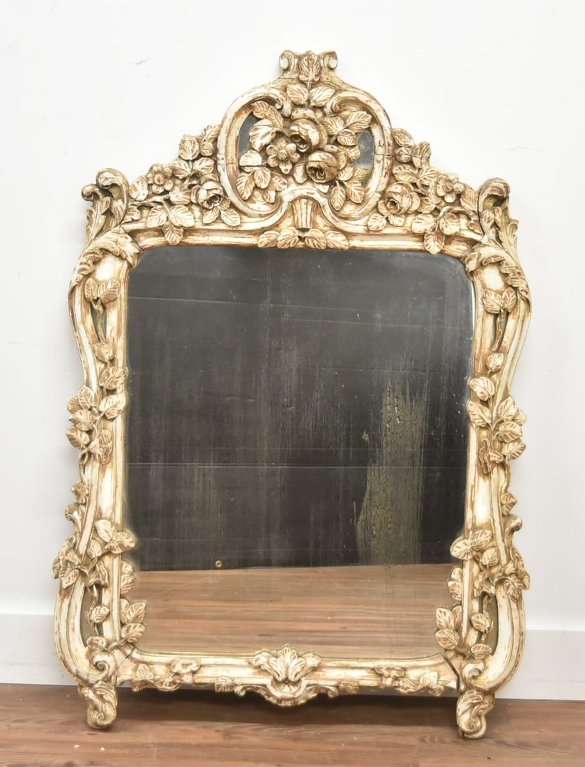 18thC WHITE WASHED REGENCE MIRROR: 18th / 19th CENTURY ANTIQUE WHITE WASHED REGENCE STYLE MIRROR WITH CARVED FLOWERS - 31 1/2' x 45"